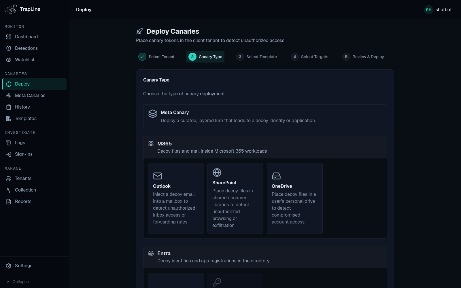 TrapLine deploy wizard for placing a new decoy, with tenant and target selection.