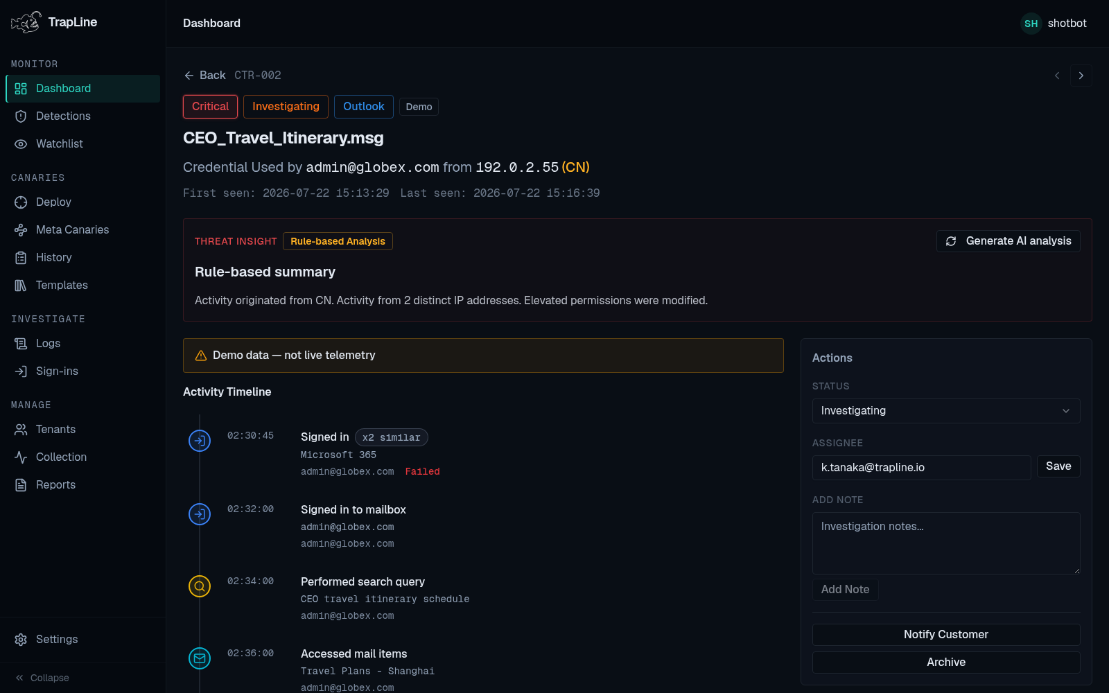 TrapLine trigger investigation view with event timeline, actor identity, source IP, and correlated audit evidence for a decoy access.